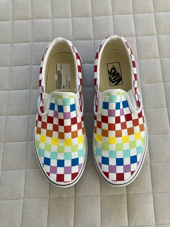 Vans Women’s Slip-On Multicolor Rainbow Checkerboard Sneakers - Picture 3 of 7